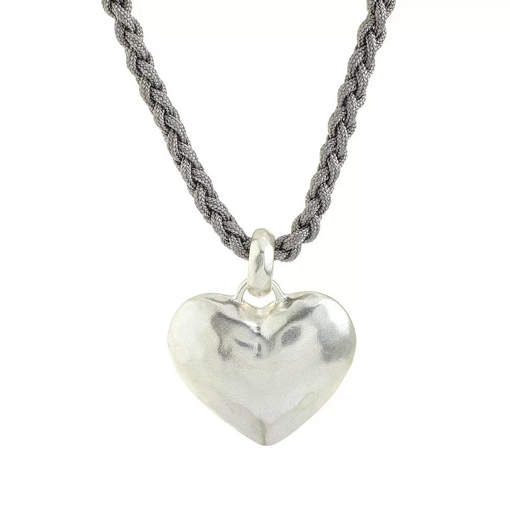 Bella Uno Worn Silver Braided Cord Hammered Metal Heart Pendant Necklace, Women's, Size: 17-19" ADJ, Silver Tone Product Image