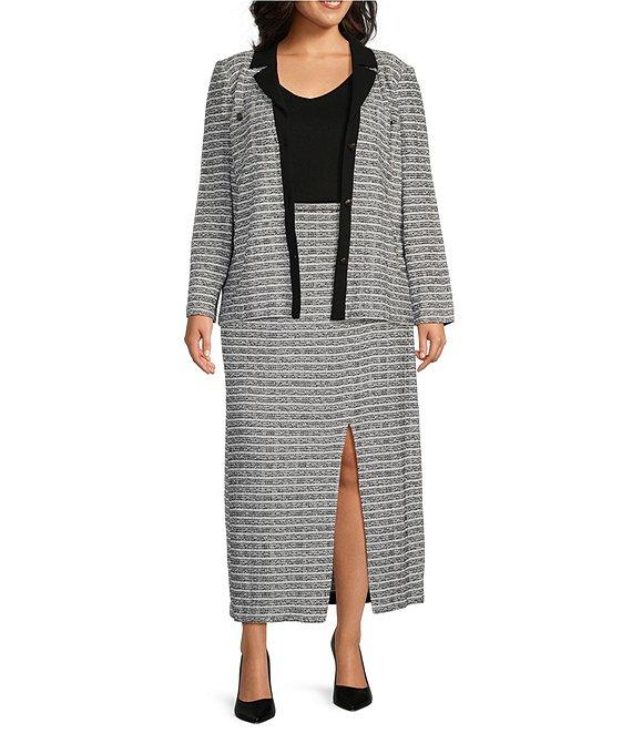 Ming Wang Plus Size Textured Knit Melange Stripe No-Roll Waist Side Slit Coordinating Maxi Skirt Product Image