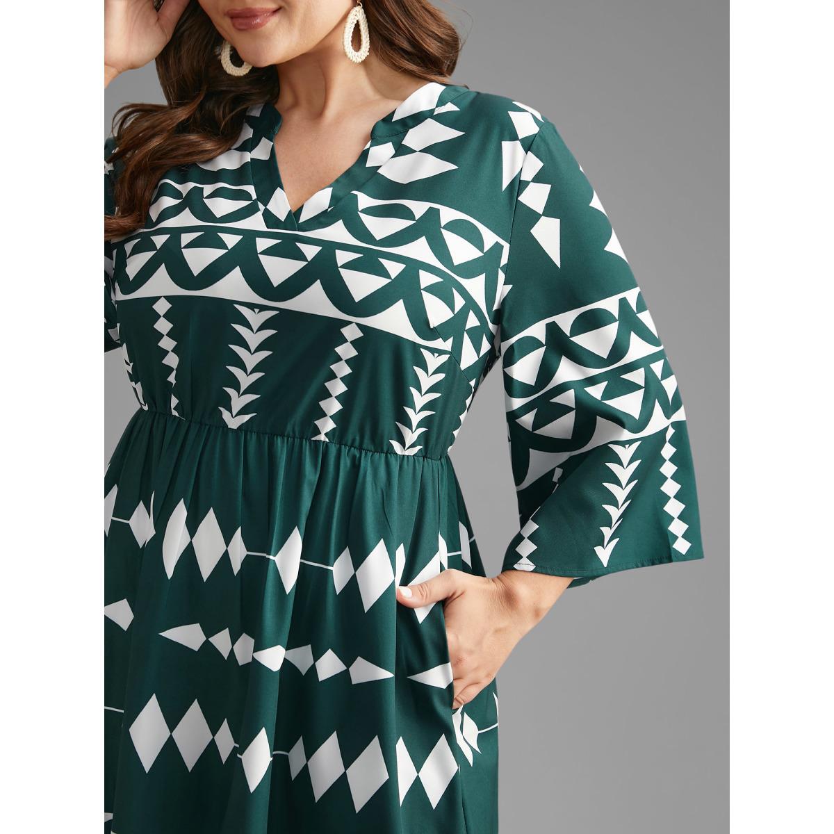 Plus Size Geometric Pattern Elastic Waist Midi Dress Cyan Women Resort Non Flat collar with V-notch Elbow-length sleeve Curvy BloomChic 22-24/3X Product Image