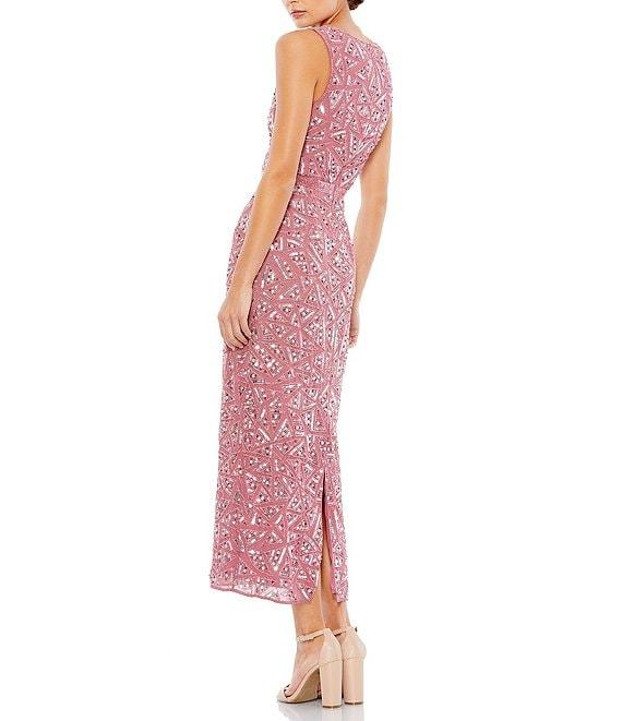 Mac Duggal Sequin Mesh Geometric Pattern High Neck Sleeveless Column Dress Product Image