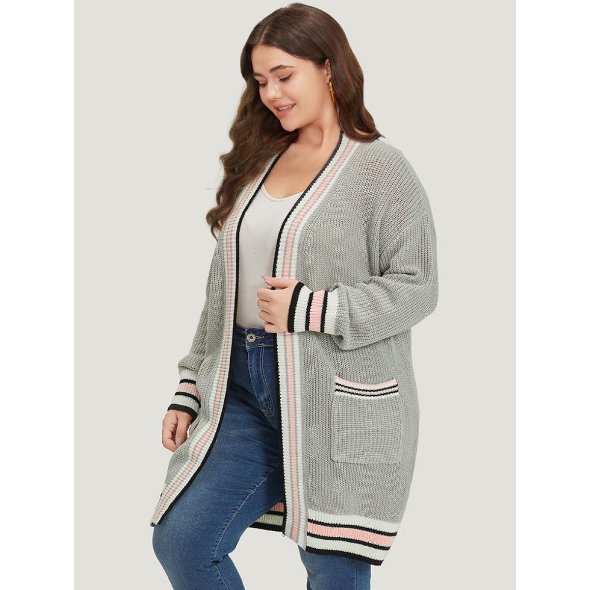 Plus Size Striped Contrast Drop Shoulder Elastic Cuffs Cardigan LightGray Women Casual Loose Long Sleeve Dailywear Cardigans BloomChic 12/L Product Image