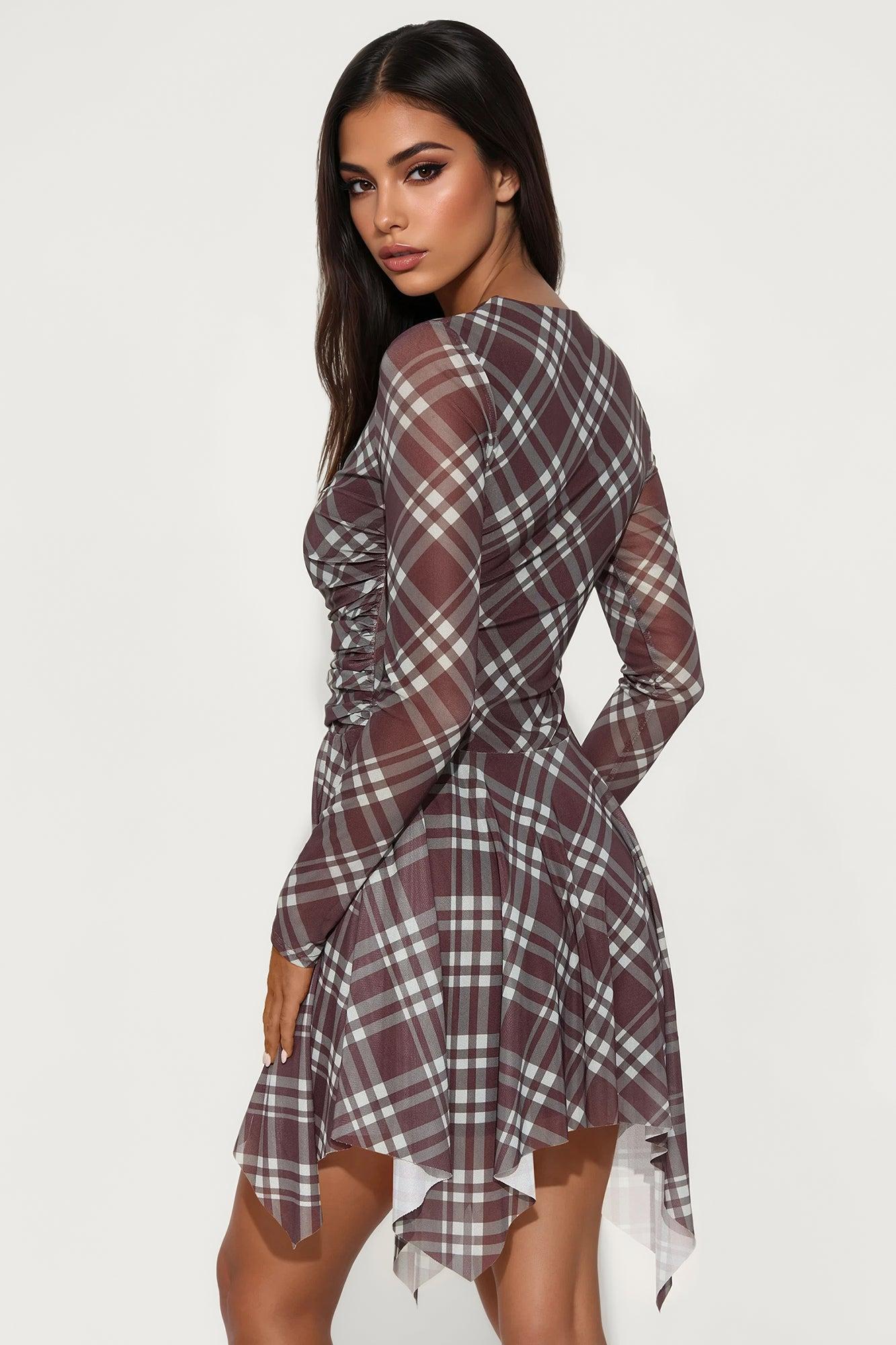 Hallie Asymmetrical Plaid Mini Dress - Brown/combo Female Product Image