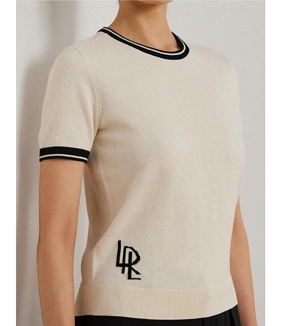 Lauren Ralph Lauren Petite Size Two-Tone Ribbed Crew Neck Short Sleeve Sweater Product Image