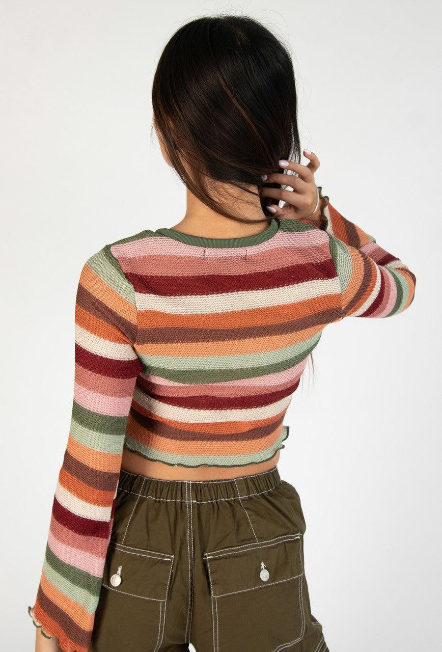Cactus Flower Bell Sleeve Crochet Stripe Sweater Product Image