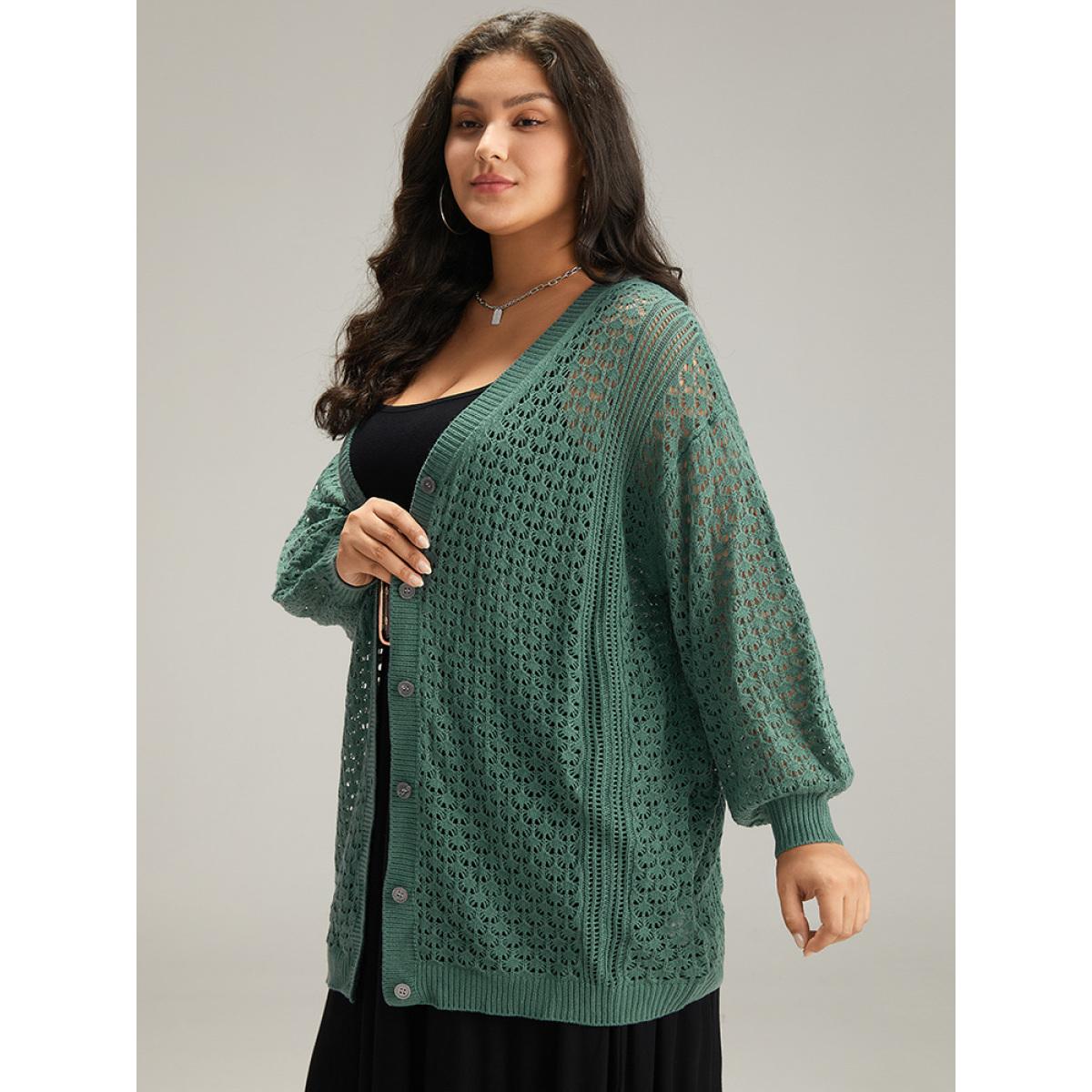Plus Size Solid Hollow Out Button Through Cardigan Emerald Women Casual Loose Long Sleeve Dailywear Cardigans BloomChic 10/M Product Image