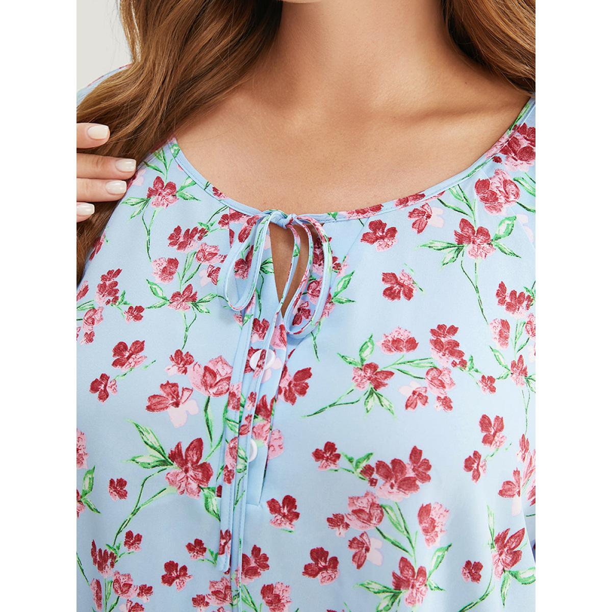 Plus Size LightBlue Ditsy Floral Keyhole Knot Neck Tiered Sleeve Blouse Women Elegant Short sleeve Round Neck Dailywear Blouses BloomChic 12/L Product Image