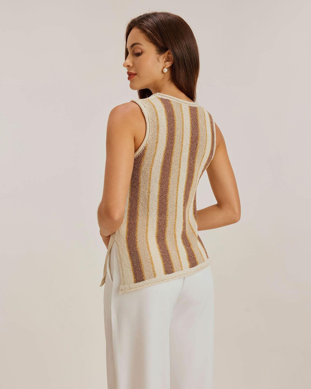 Khaki Striped V Neck Tank Top Product Image