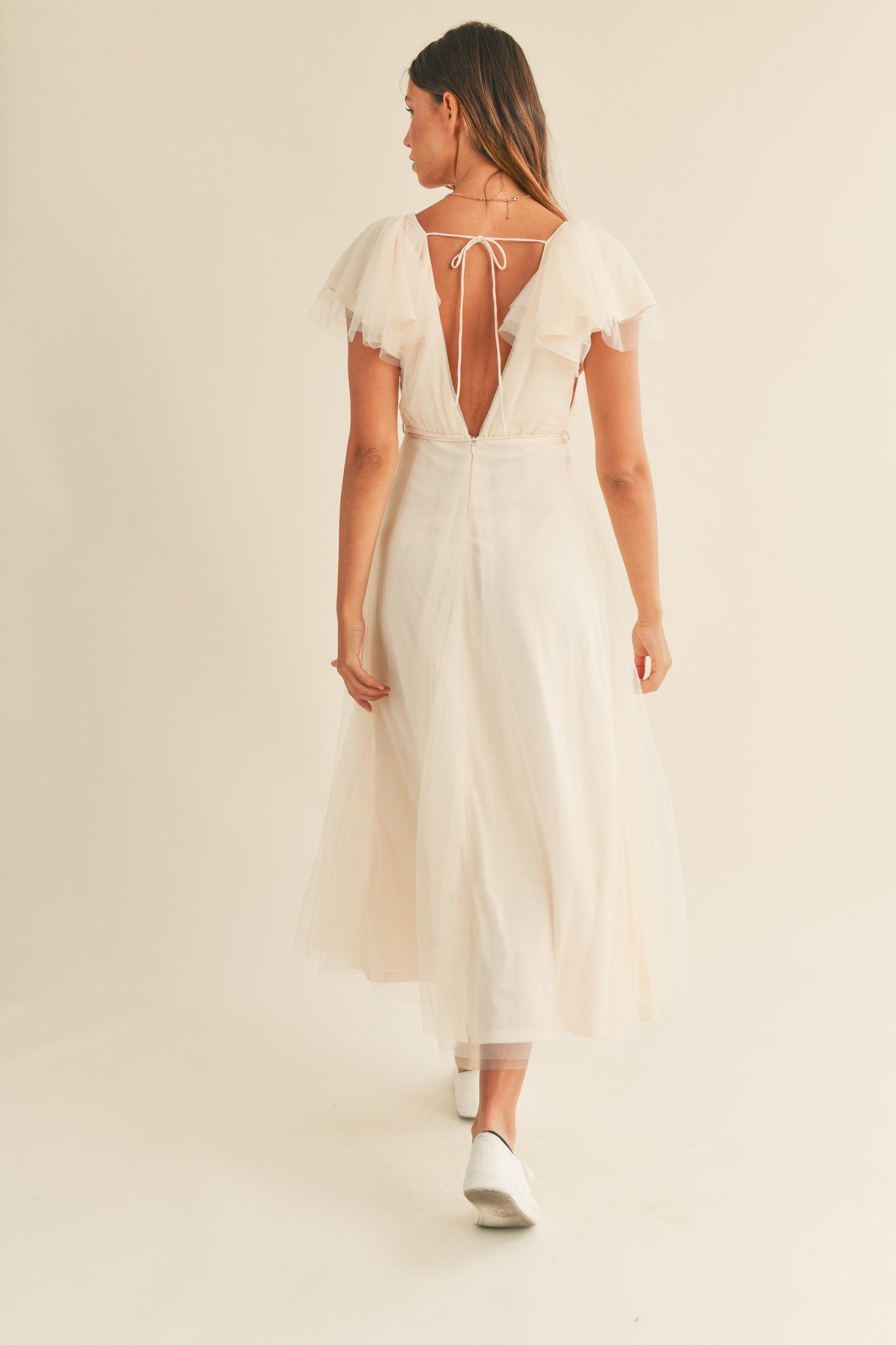 Tulle V neck Ruffle Sleeve Midi Dress Product Image