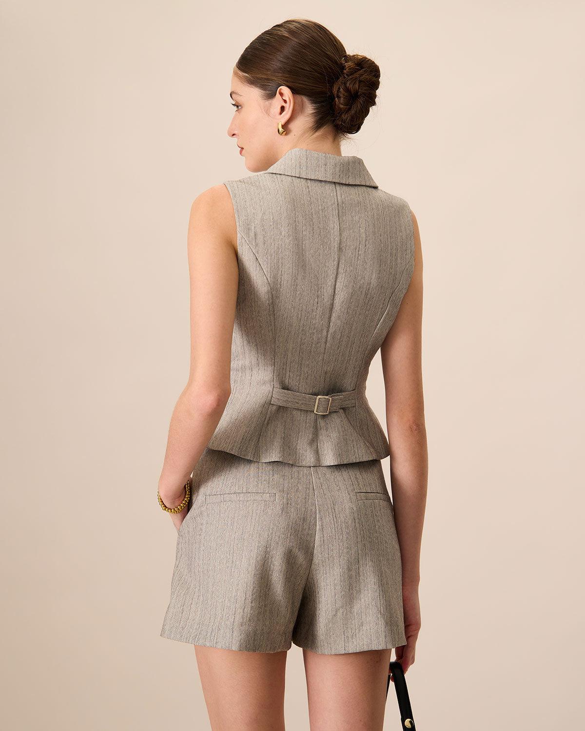 Women's Grey Lapel Pleated Pocket Shorts Female Product Image