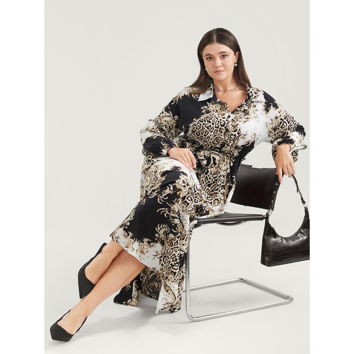 Plus Size Leopard Pocket Button Detail Lantern Sleeve Split Dress Black Women Office Pocket Shirt collar Long Sleeve Curvy Long Dress BloomChic 14-16/1X Product Image
