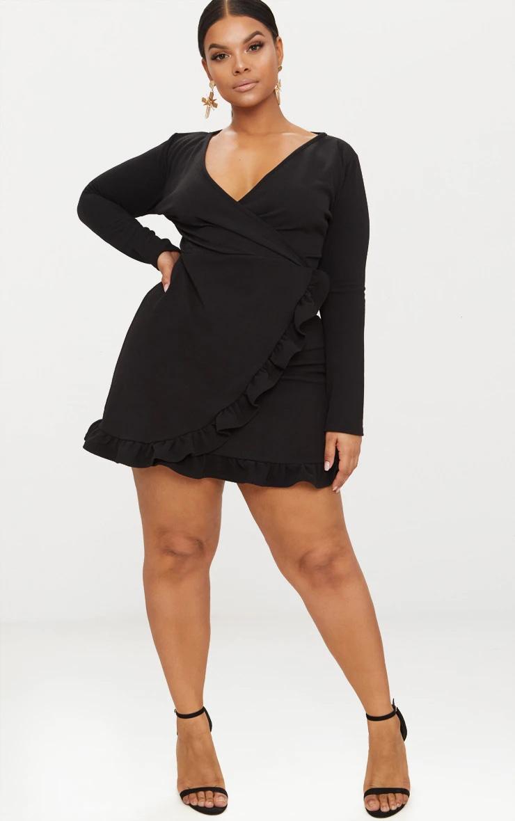 Plus Black Long Sleeve Ruffle Wrap Dress Product Image