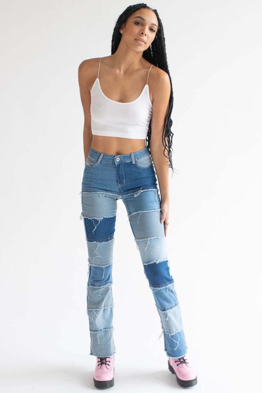 Patchwork Stretch Denim Bell Bottoms Product Image