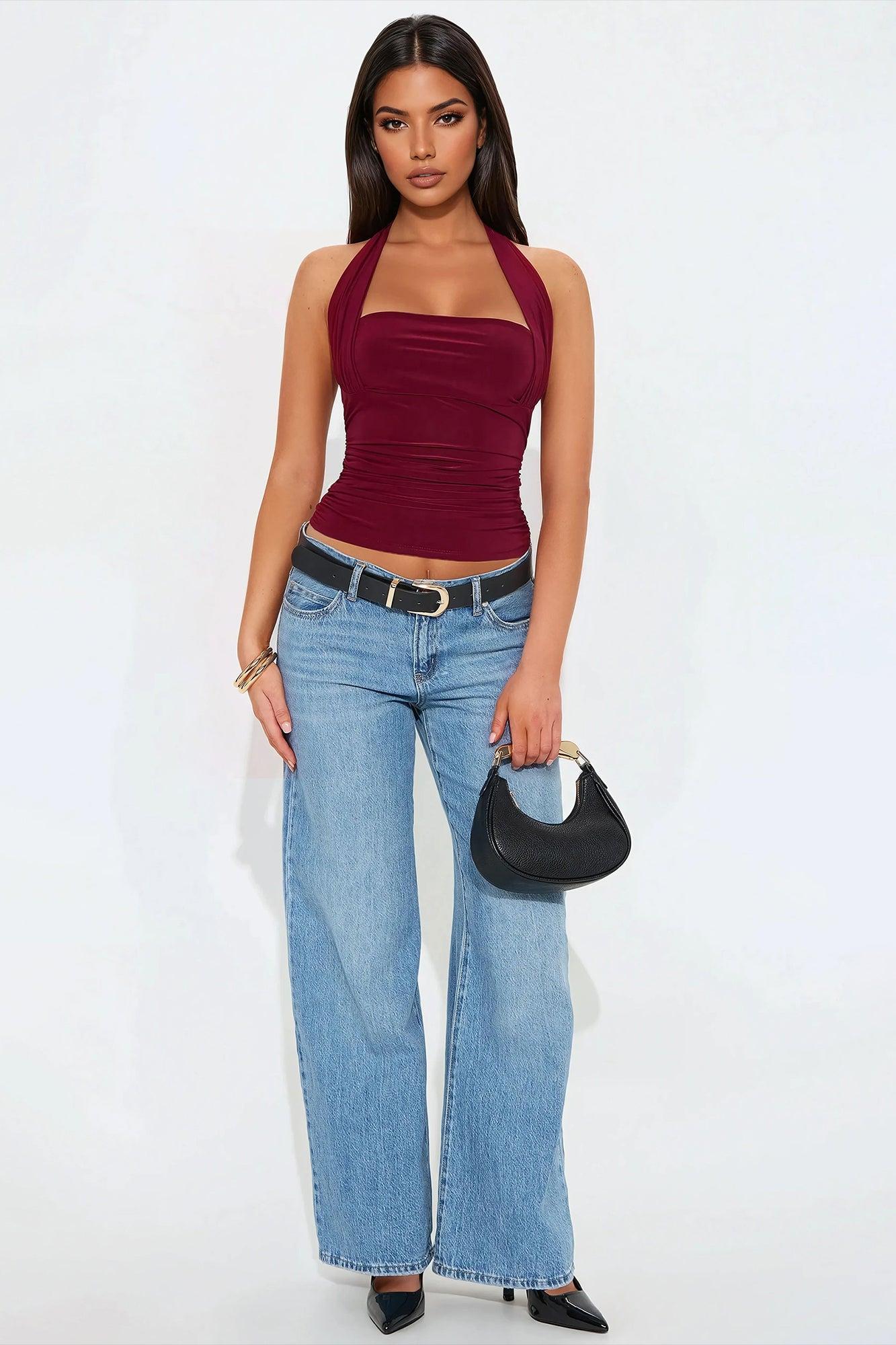 Don't Overthink Ruched Halter Top - Burgundy Product Image