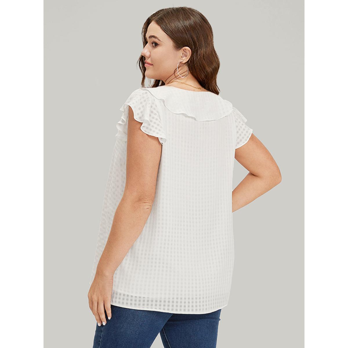 Plus Size Ivory Gingham Flutter Cap Sleeve Tiered Blouse Women Elegant Cap Sleeve Square Neck Dailywear Blouses BloomChic 30/6X Product Image