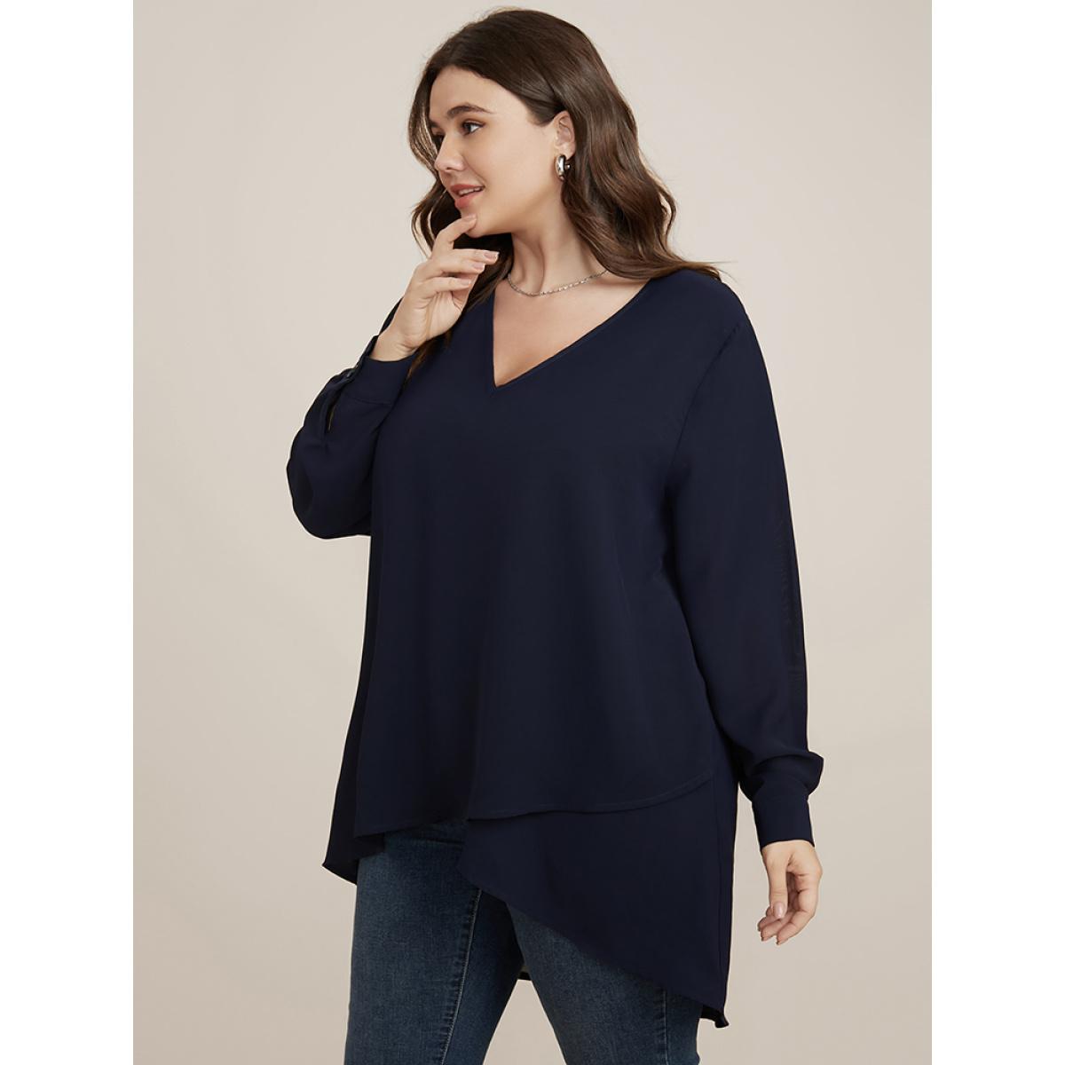 Plus Size DarkBlue Solid V Neck High Low Hem Blouse Women Office Long Sleeve V-neck Work Blouses BloomChic 30/6X Product Image