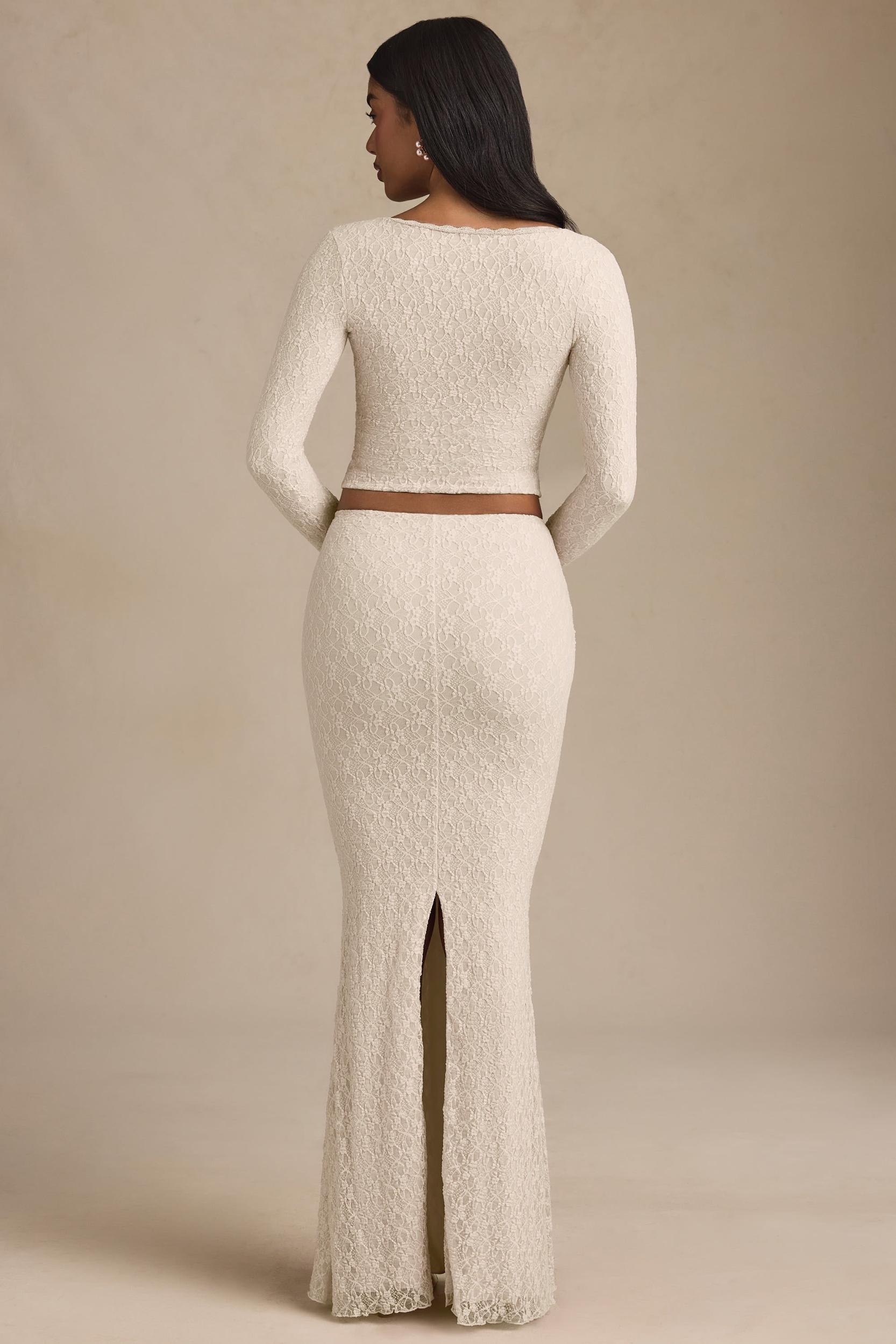 Draped Low-Rise Lace Maxi Skirt in Ivory Product Image