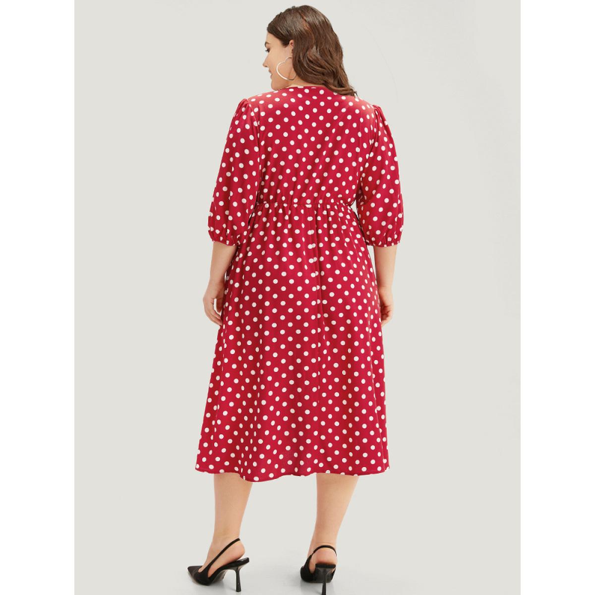 Plus Size Polka Dot Pocket Button Detail Lantern Sleeve Dress Scarlet Women Elegant Printed V-neck Half Sleeve Curvy Midi Dress BloomChic 12/L Product Image
