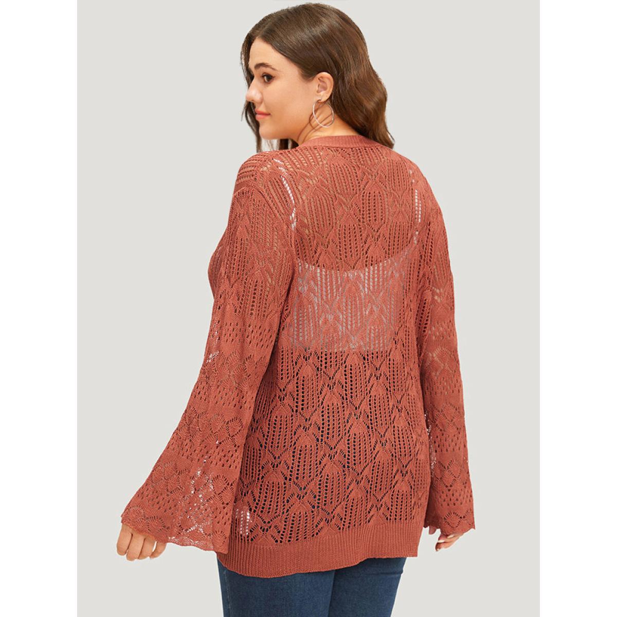 Plus Size Hollow Out Button Down Bell Sleeve Cardigan Rust Women Casual Loose Long Sleeve Everyday Cardigans BloomChic 10/M Product Image