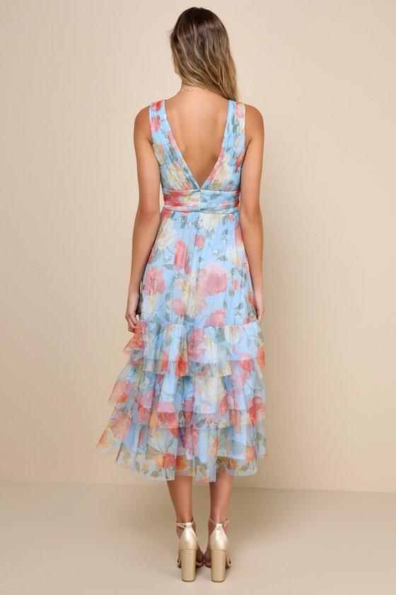 Perfectly Divine Blue Floral Tulle Tiered Ruffled Midi Dress Product Image