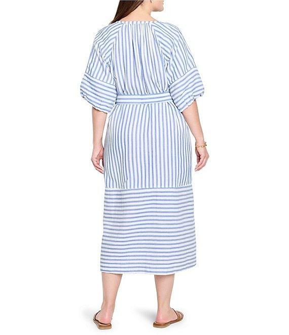 NIC + ZOE Plus Size Double Gauze Mixed Stripe V-Neck Elbow Sleeve Midi Dress Product Image
