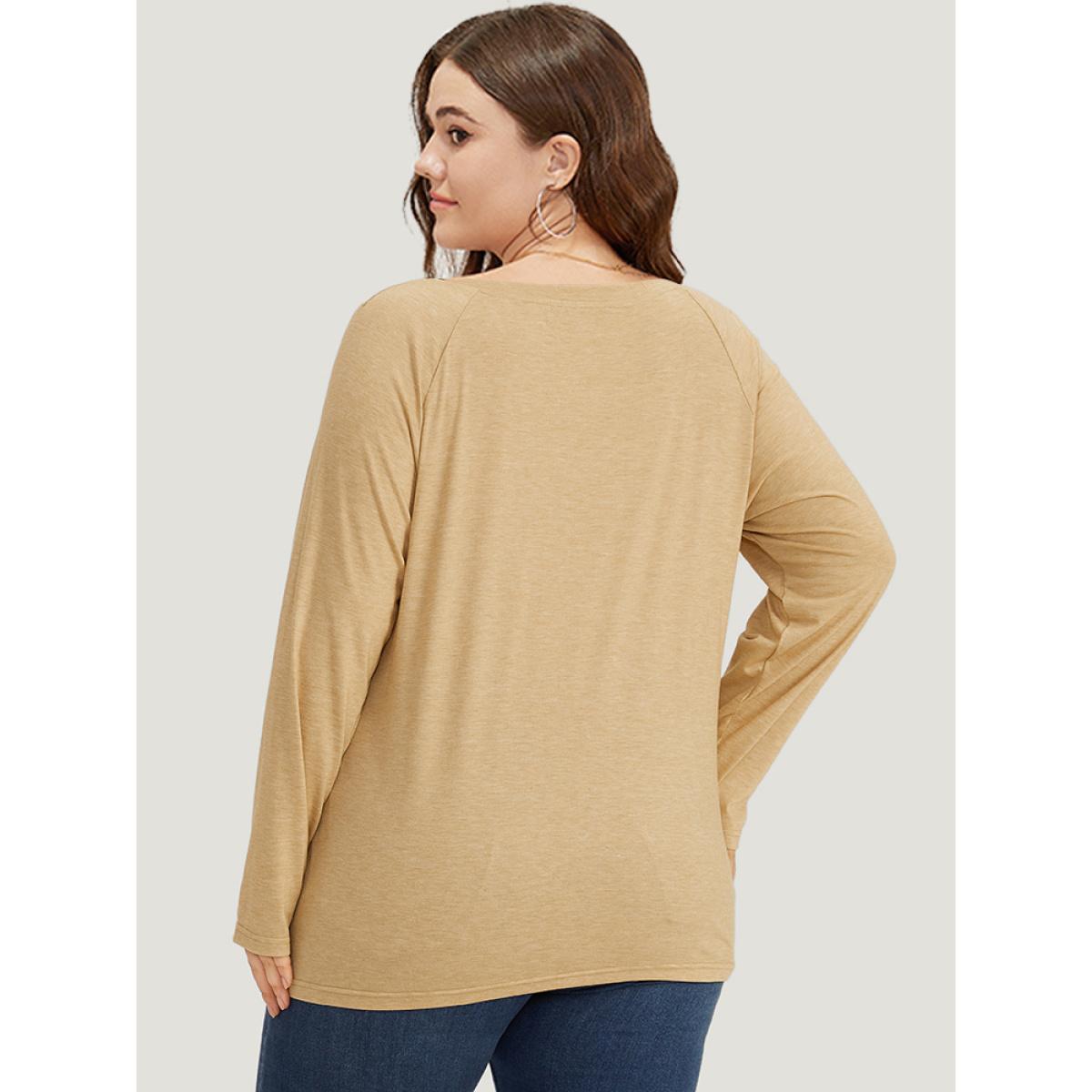 Plus Size Solid Pleated Raglan Sleeve Crew Neck T-shirt Tan Women Casual Plain Plain Round Neck Dailywear T-shirts BloomChic 12/L Product Image