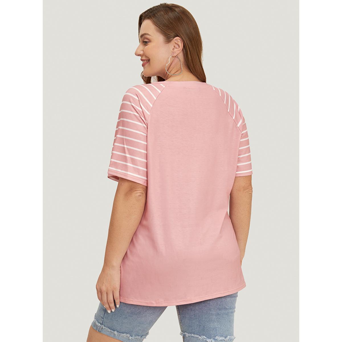 Plus Size Striped Contrast Raglan Sleeve V Neck T-shirt Crepe Women Casual Patchwork Striped V-neck Dailywear T-shirts BloomChic 12/L Product Image