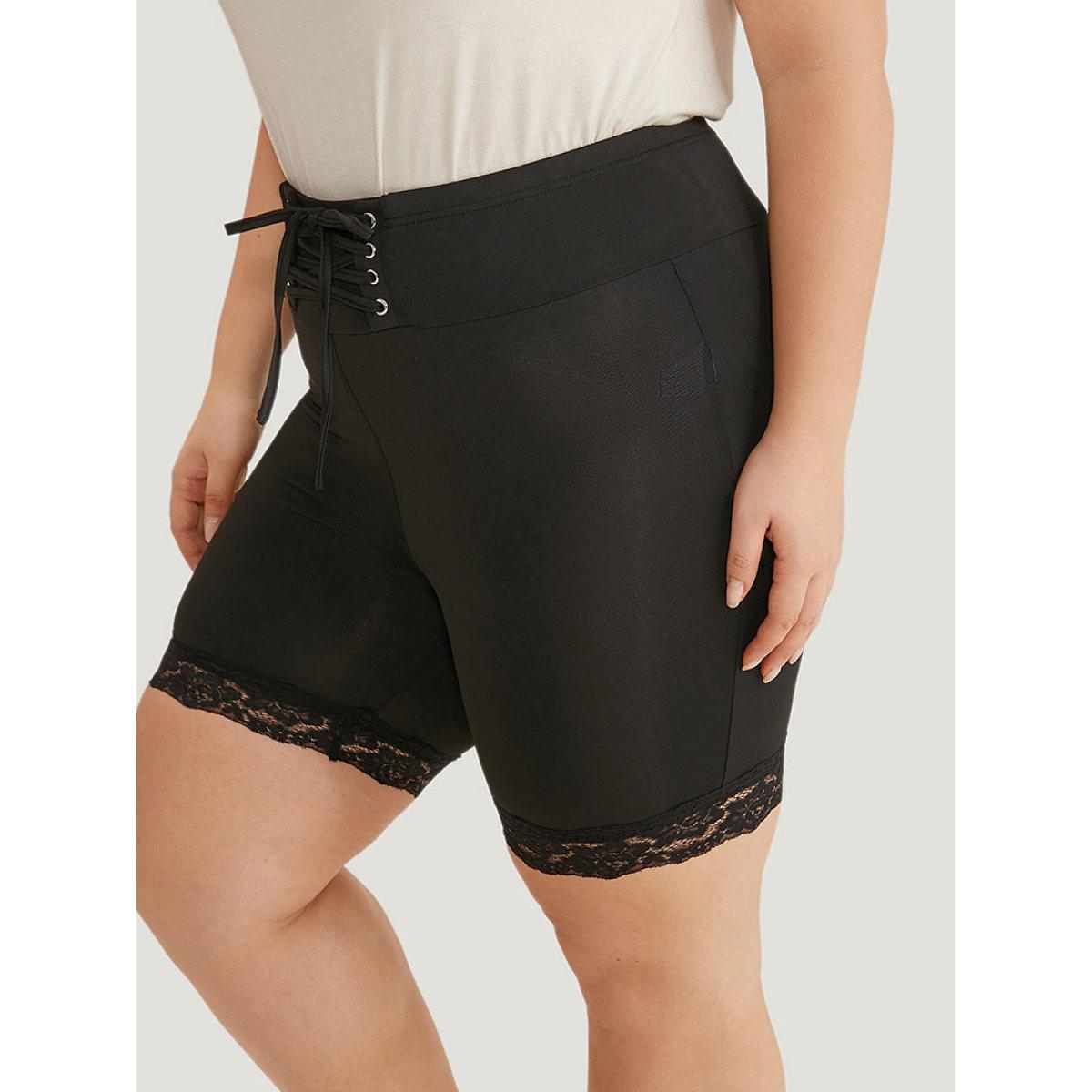 Plus Size Solid Lace Up Guipure Lace Leggings Women Black Casual High stretch Skinny Mid Rise Dailywear Leggings BloomChic 30/6X Product Image