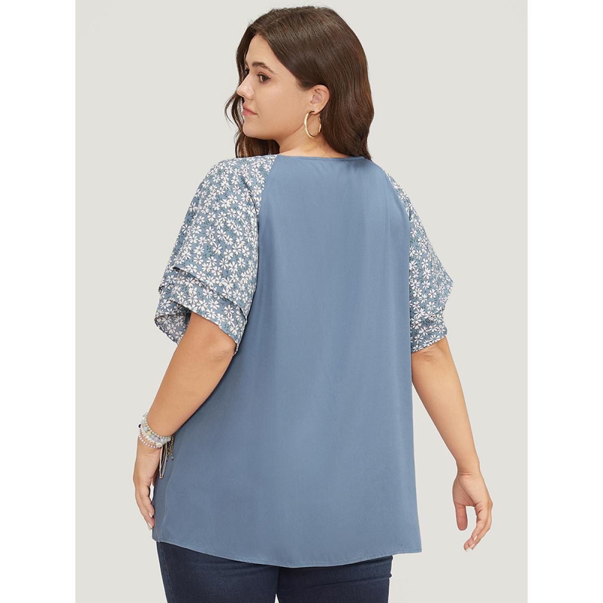 Plus Size Stone Ditsy Floral Raglan Sleeve Ruffle Tiered Lace Up Blouse Women Elegant Short sleeve Tie Neck Dailywear Blouses BloomChic 10/M Product Image