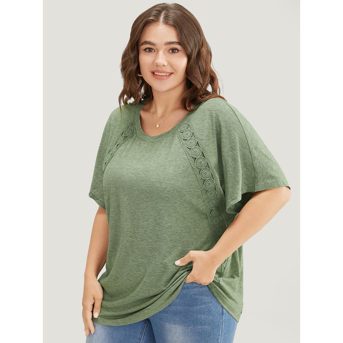 Plus Size Solid Contrast Lace Ruffle Sleeve T-shirt Sage Women Elegant Lace Plain Round Neck Everyday T-shirts BloomChic 18-20/2X Product Image
