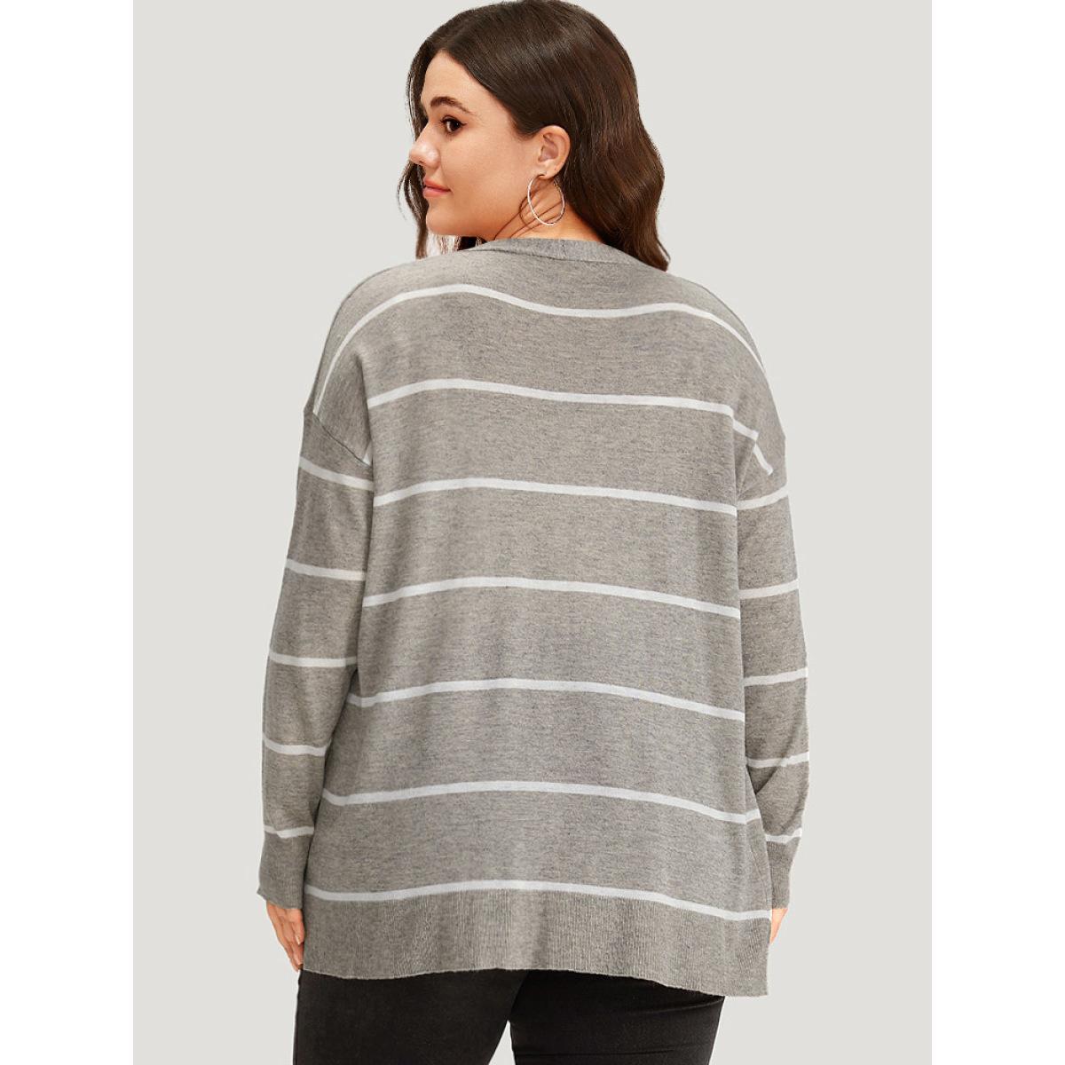 Plus Size Supersoft Essentials Striped Button Through Elastic Cuffs Cardigan DarkGray Women Casual Loose Long Sleeve Dailywear Cardigans BloomChic 12/L Product Image