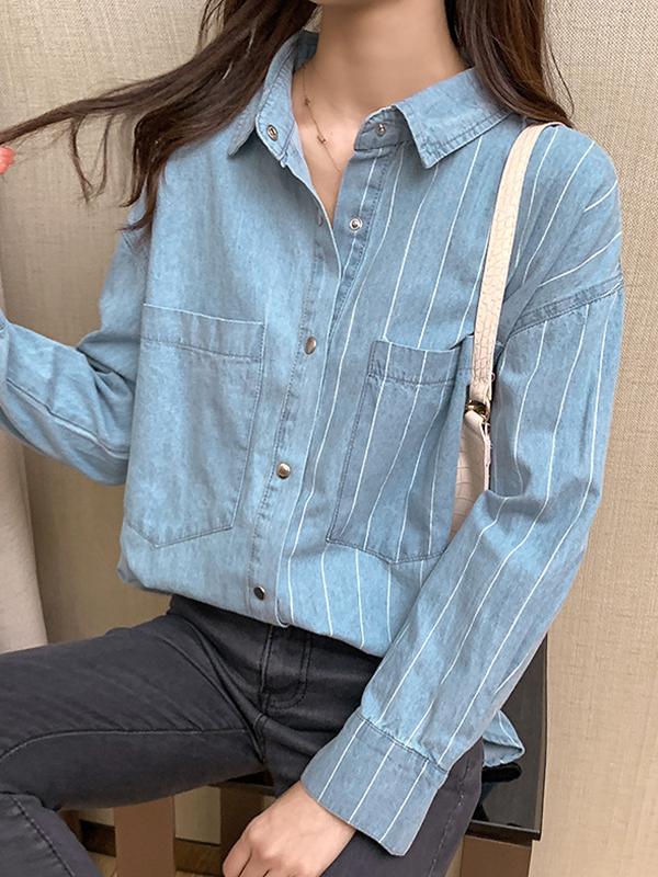 Vintage Striped Splice Denim Blouses&Shirts Product Image