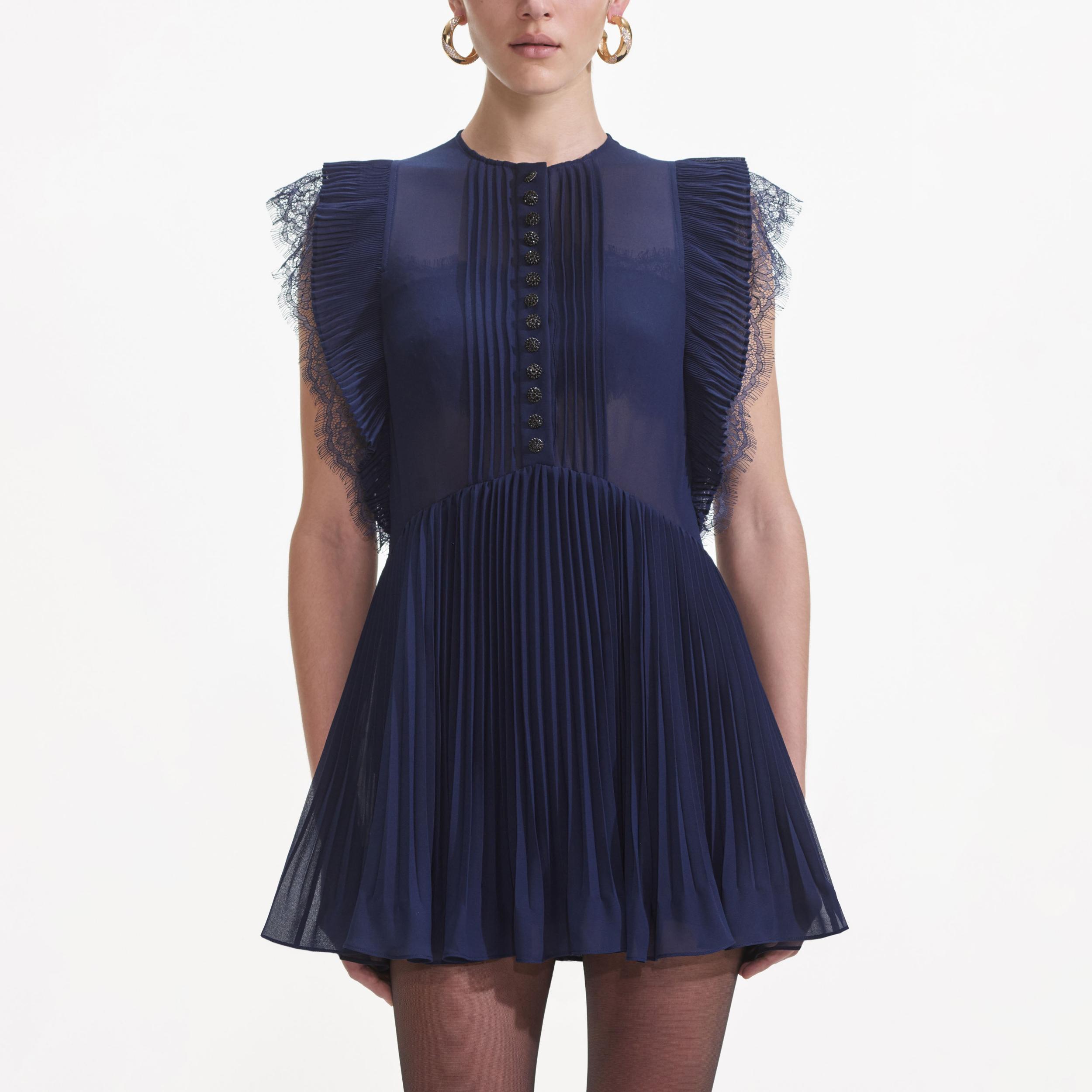 Navy Chiffon Ruffle Mini Dress Product Image