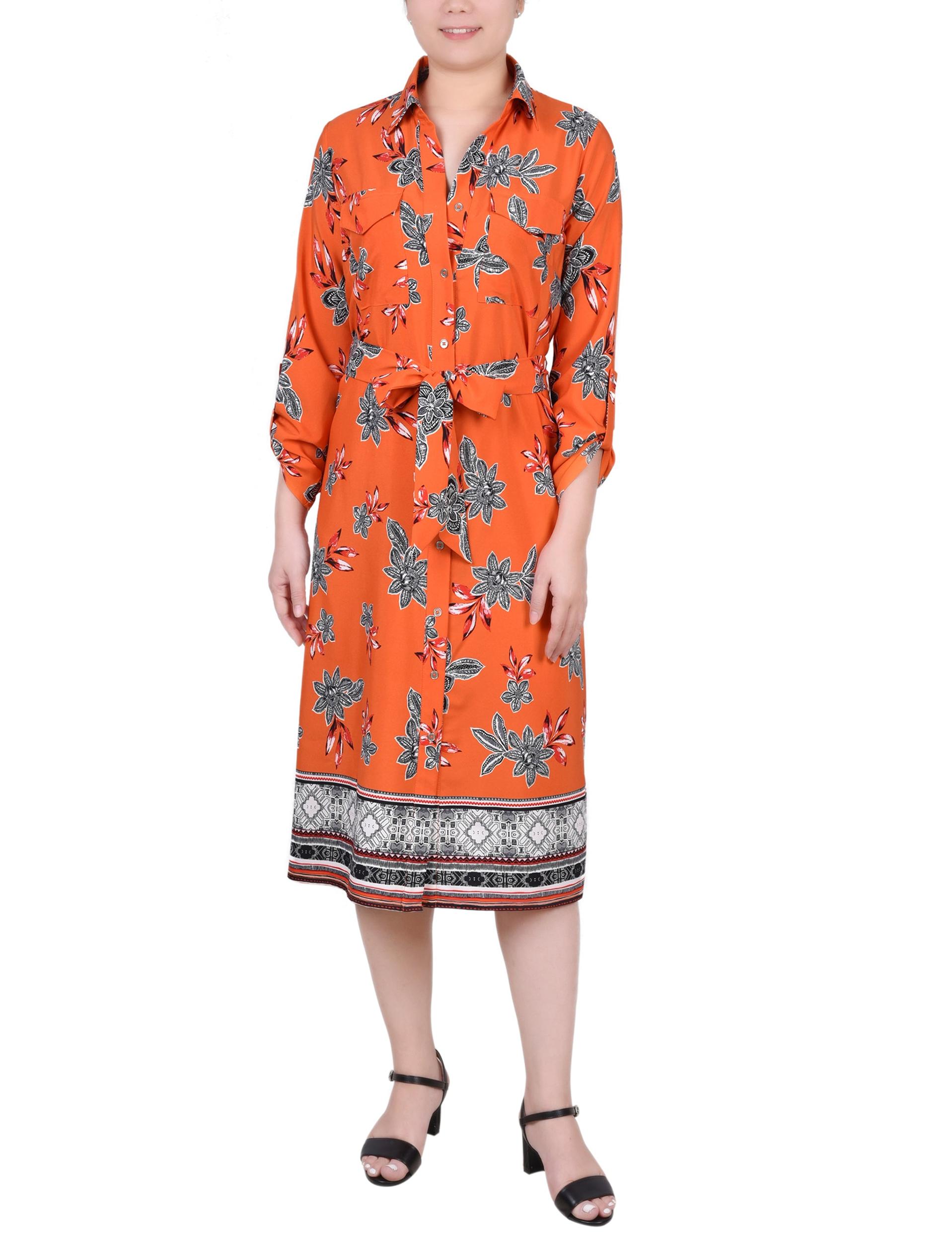 Cypress Inca Gold Navy Zigzag 3/4 Roll Tab Sleeve Belted Shirtdress - Petite Product Image