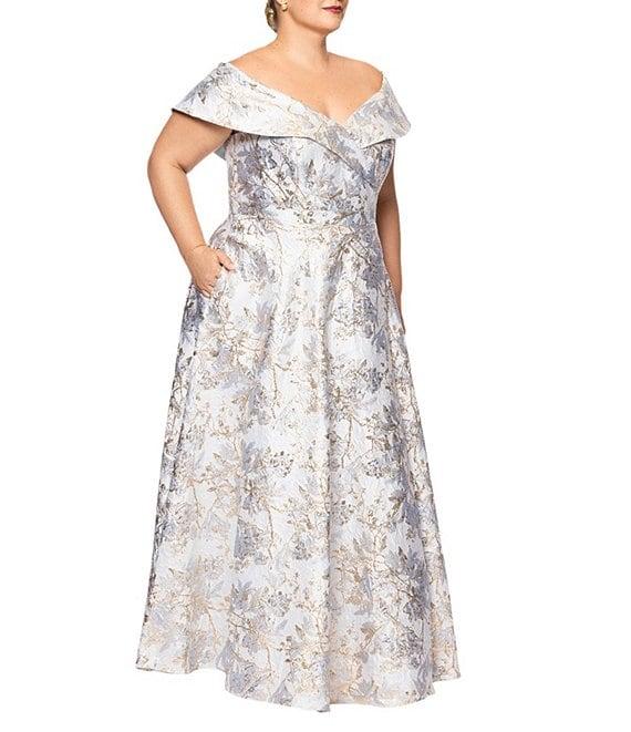 Xscape Plus Size Off-the-Shoulder Sweetheart Neck Short Sleeve Brocade Ball Gown Product Image