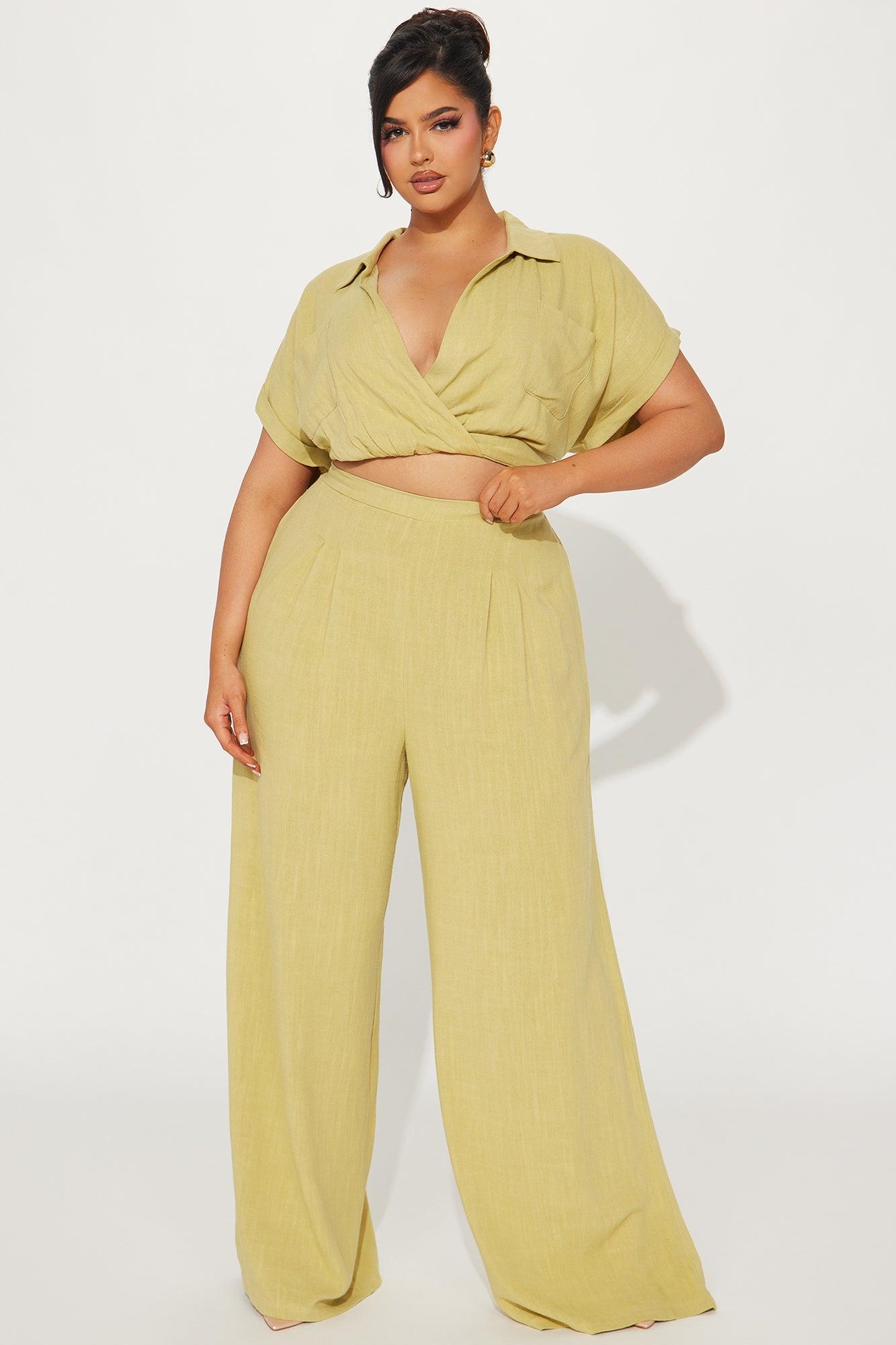 Andrea Linen Pant Set - Chartreuse Product Image