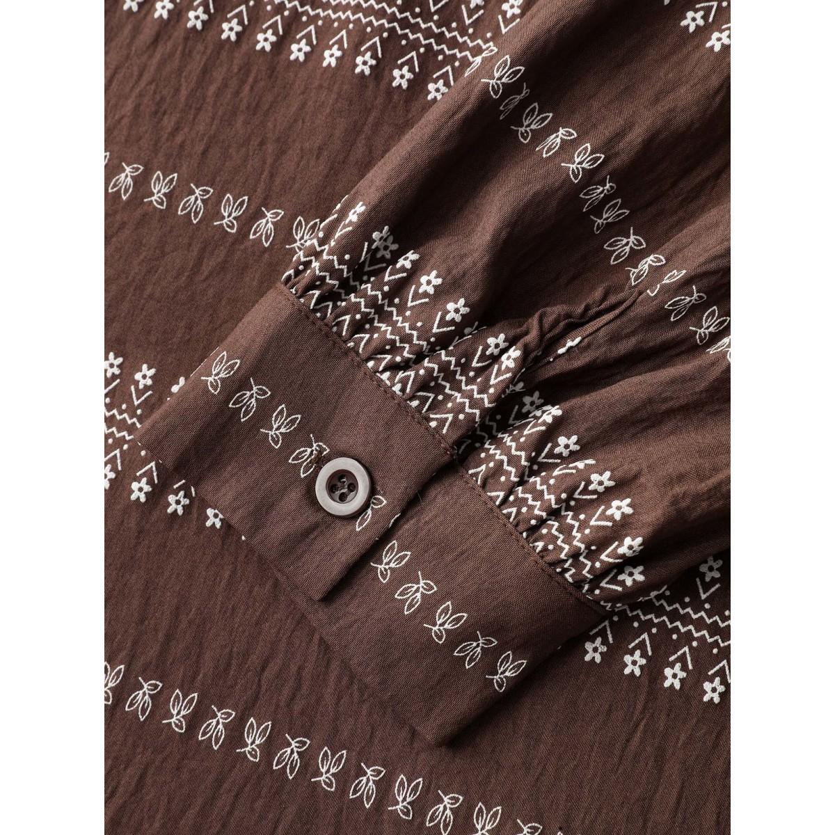 Plus Size Browncoffeecolor Floral Print Button-Front Blouse Women Boho Extra Long Sleeve Round Neck Vacation Blouses BloomChic 30/6X Product Image