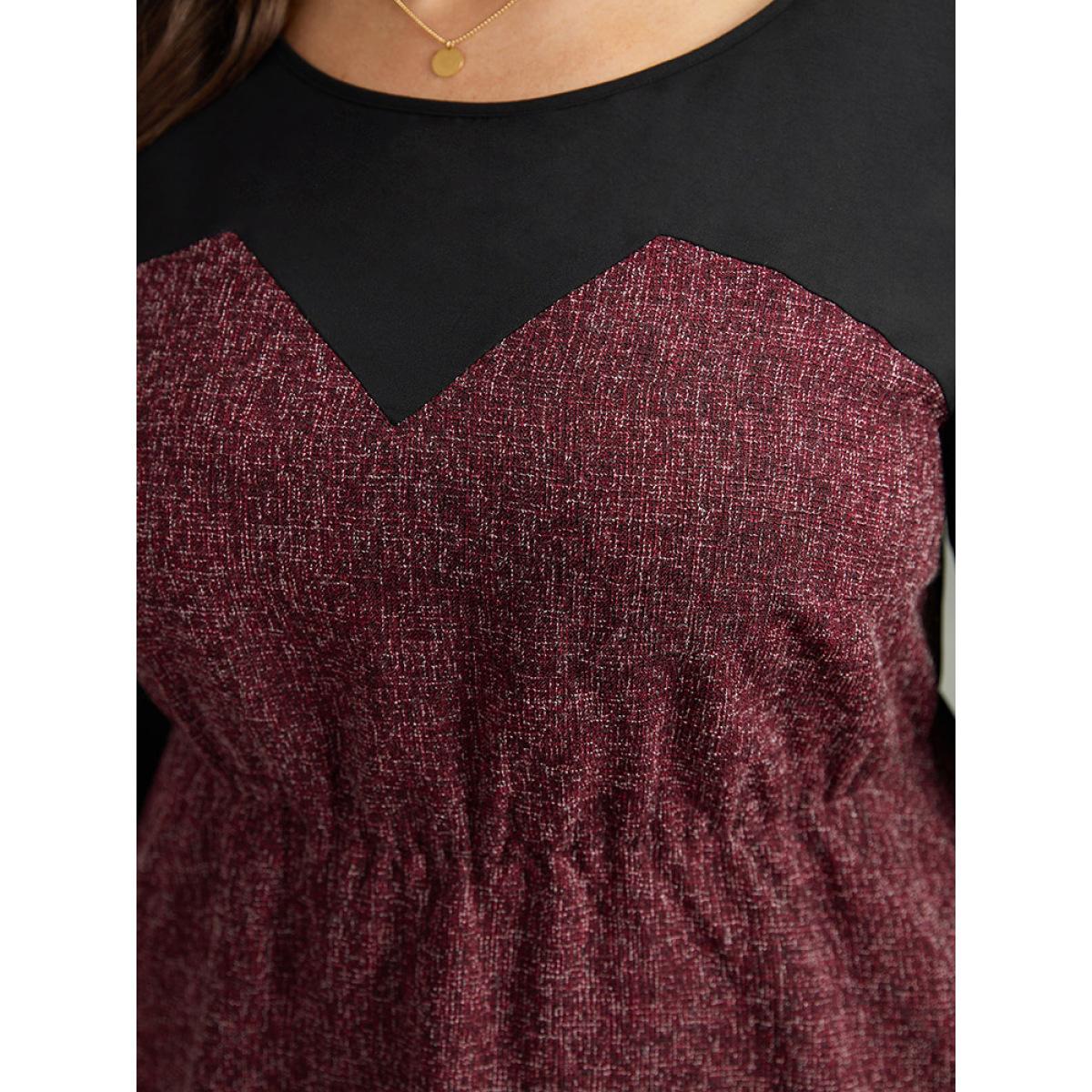 Plus Size Burgundy Contrast Patchwork Lantern Sleeve Elastic Waist Blouse Women Elegant Long Sleeve Round Neck Festival-Christmas Blouses BloomChic 18-20/2X Product Image