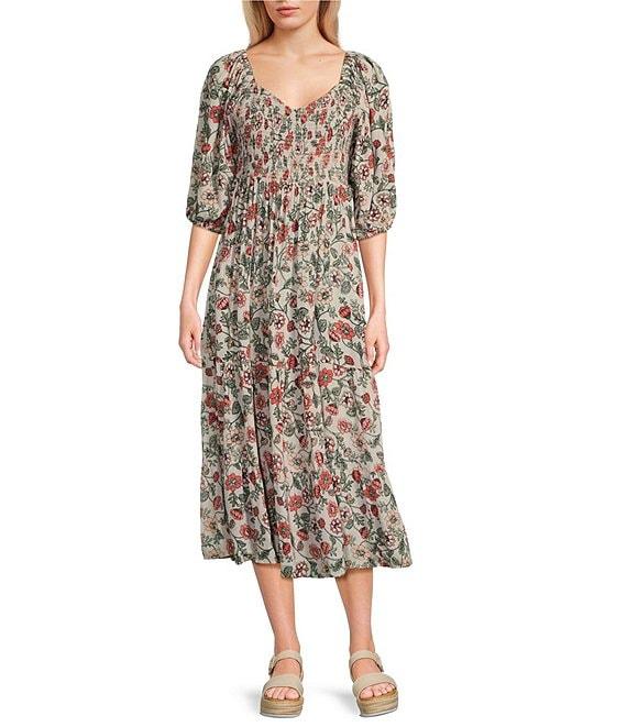 Angie Floral Print Sweetheart Neck 3/4 Sleeve Multi-Floral Smocked Bodice Midi Dress Product Image