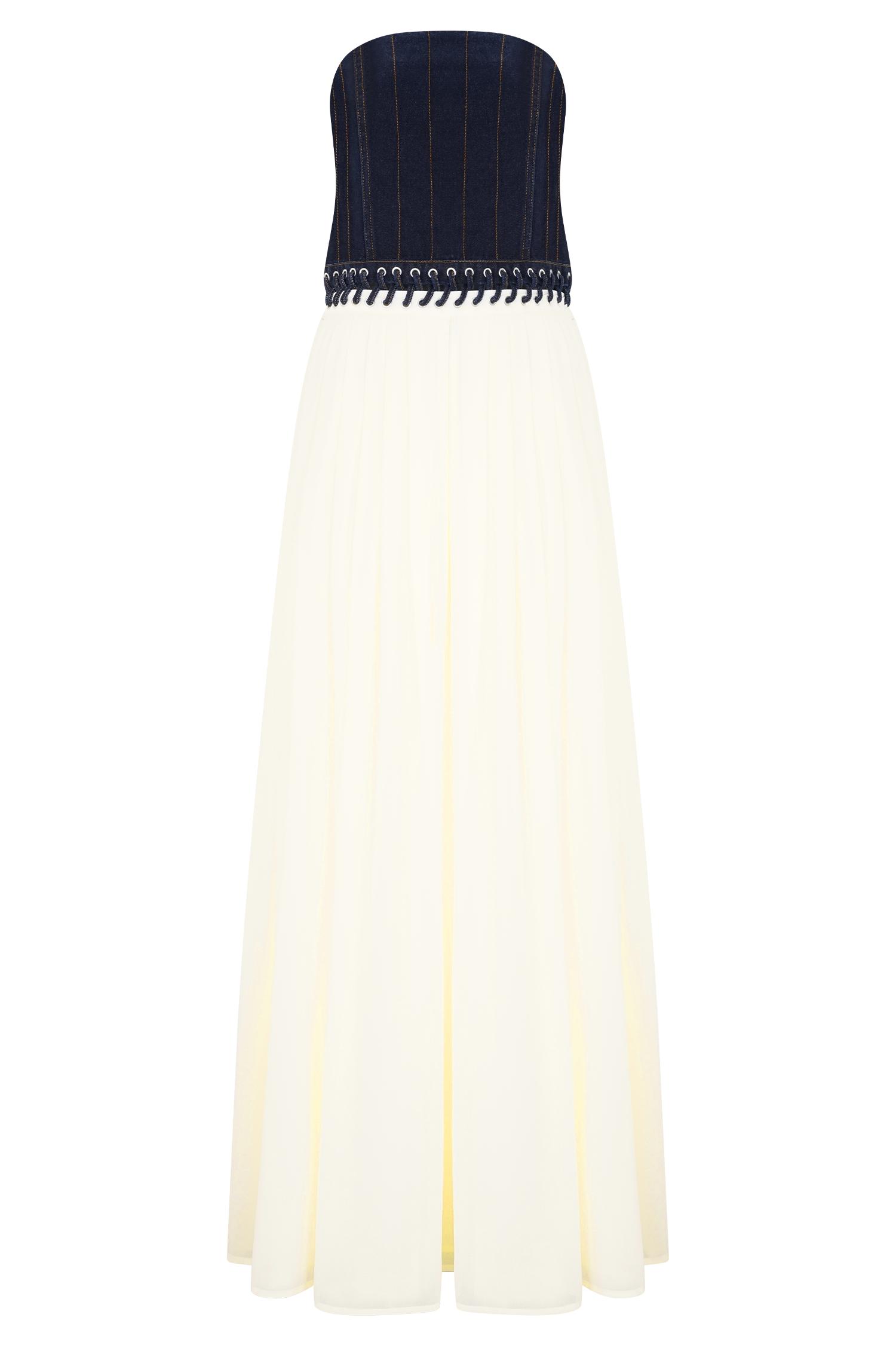 Suella Chiffon Denim Maxi Dress - Indigo Blue Product Image