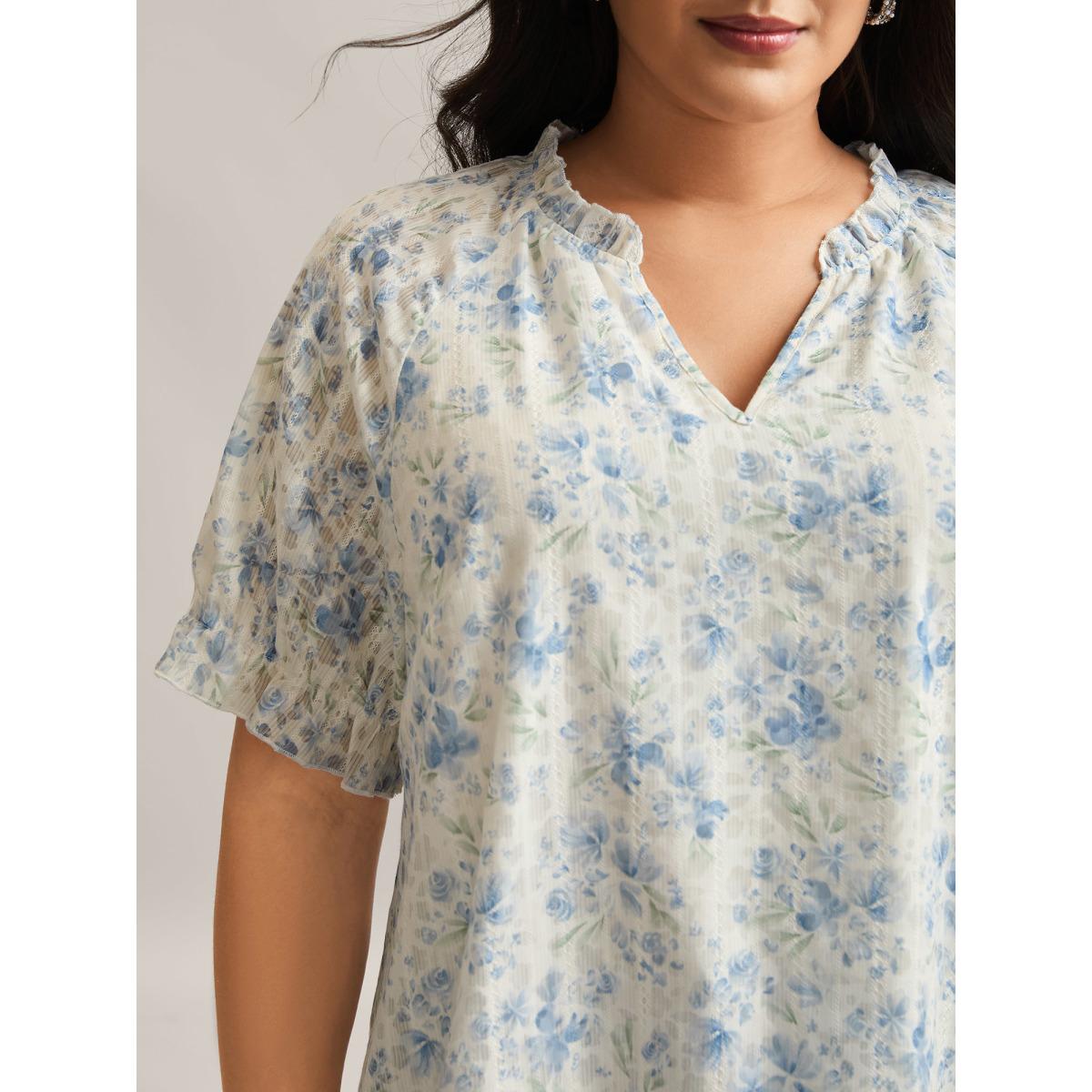 Plus Size Multicolor Floral Print Embroidered Petal Trim Blouse Women Short sleeve Notched collar Everyday-Elegant Blouses BloomChic 22-24/3X Product Image