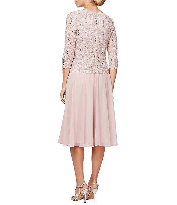Alex Evenings Crew Neck 3/4 Sleeve Sequin Floral Lace Bodice Chiffon A-Line Midi Dress Product Image