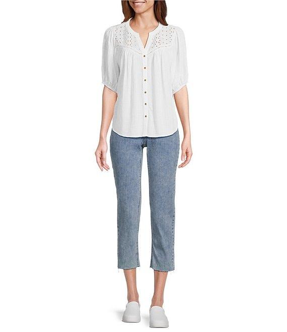 Nurture V-Neck Button Down Mixed Media Blouse Product Image