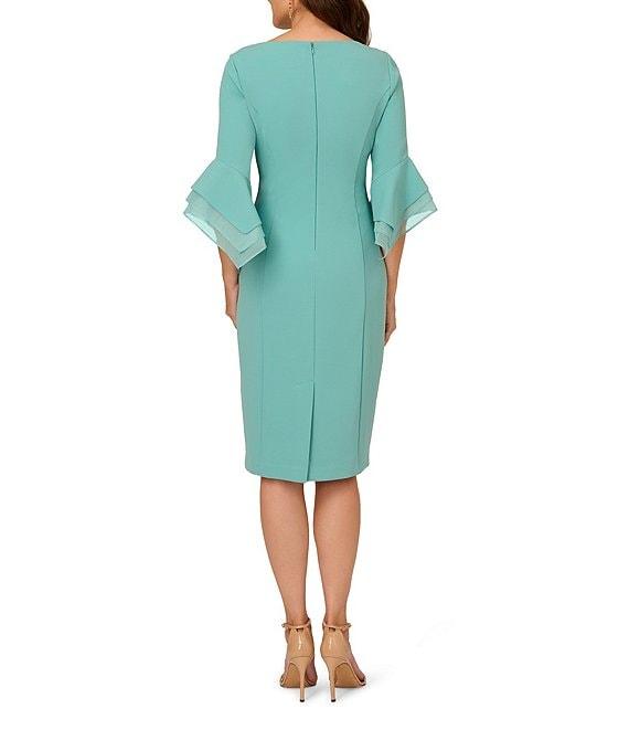 Adrianna Papell Stretch Crepe 3/4 Bell Sleeve Boat Neck Sheath Dress Product Image