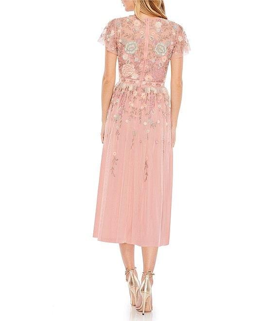 Mac Duggal Beaded Bodice Illusion Crew Neck Short Flutter Sleeve A-Line Midi Dress Product Image