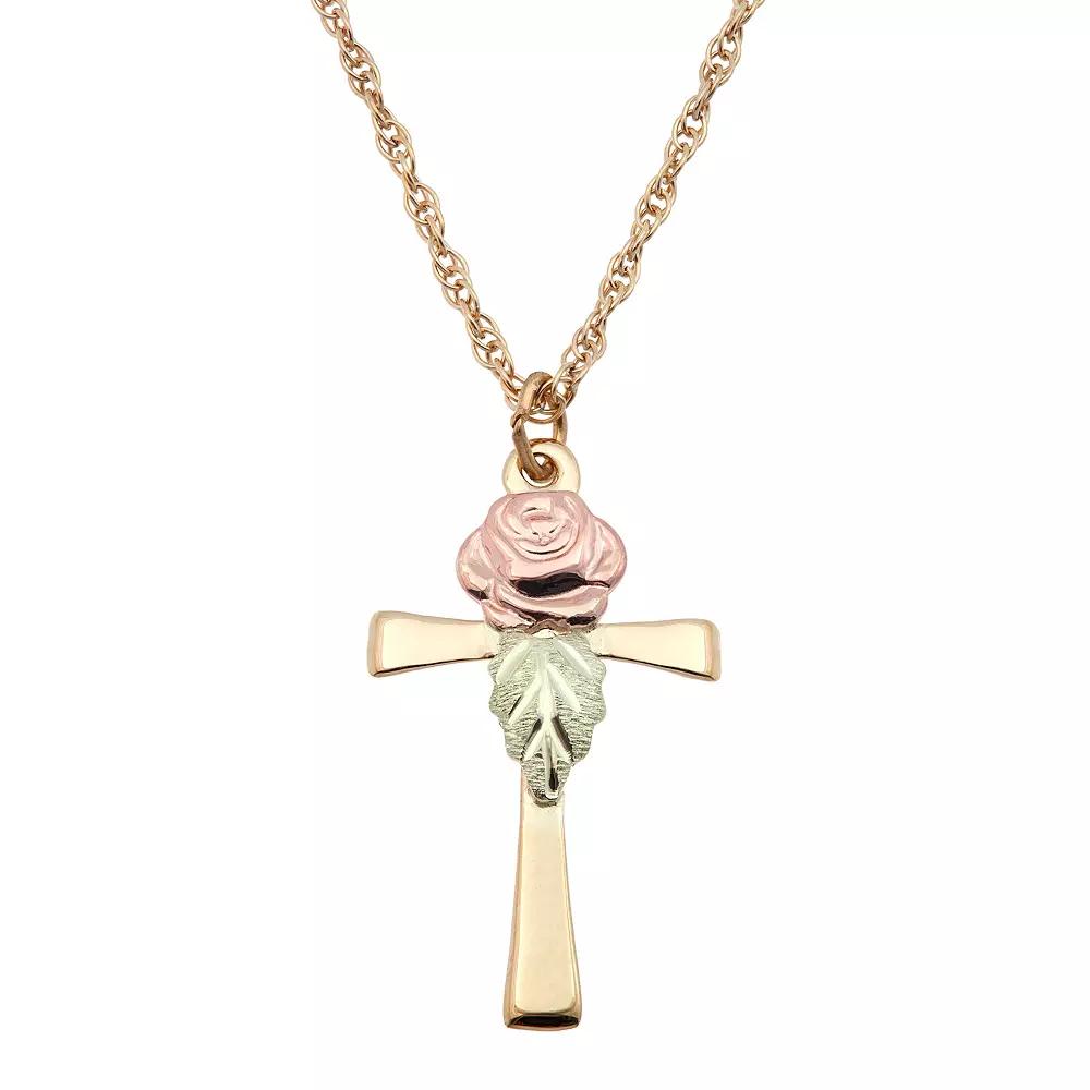 Black Hills Gold Tri Tone Rose Cross Pendant Necklace, Women's, Size: 18", 10k Gold Product Image