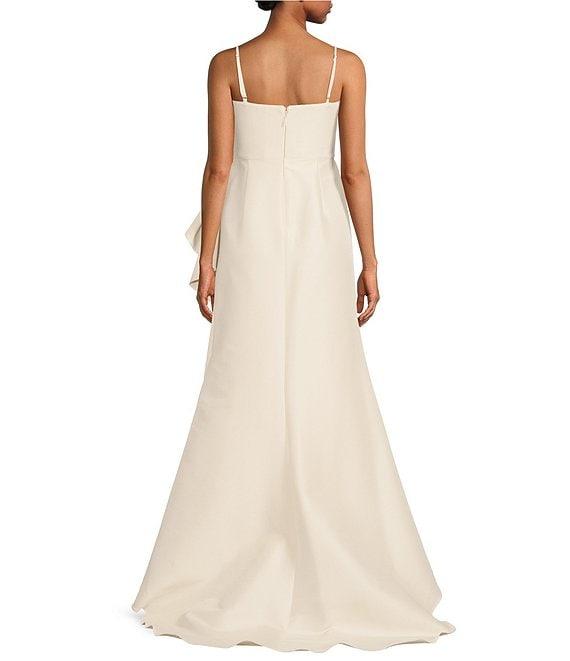 Muse by Marchesa Stretch Mikado 3D Rosette Running Side Ruffle Straight Neck Spaghetti Strap Fit and Flare Gown Product Image