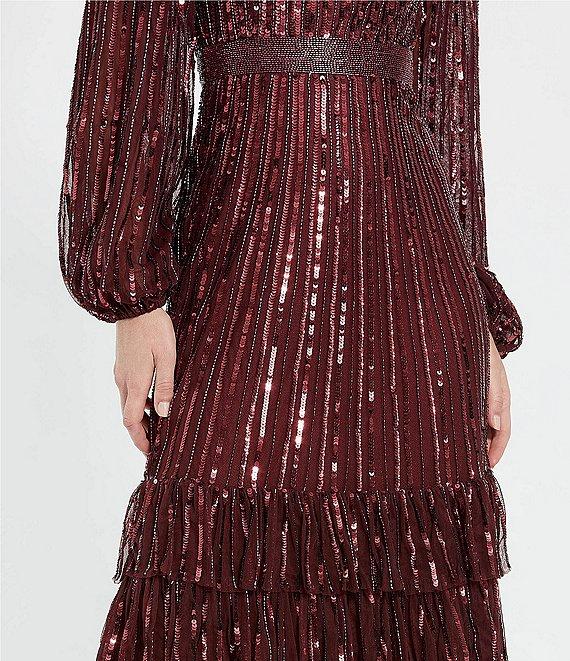 Mac Duggal Sequin Embellished Mesh High Neck Blouson Sleeves Ruffle Dress Product Image