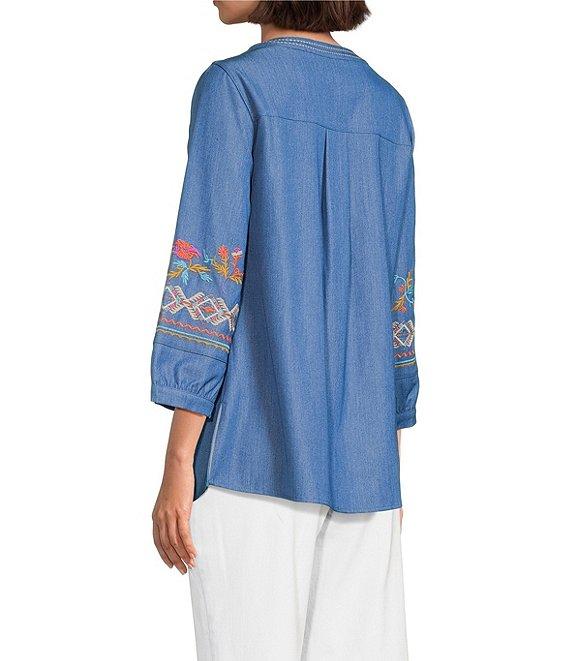 Calessa Embroidered Patchwork Split V-Neck 3/4 Sleeve Tunic Product Image