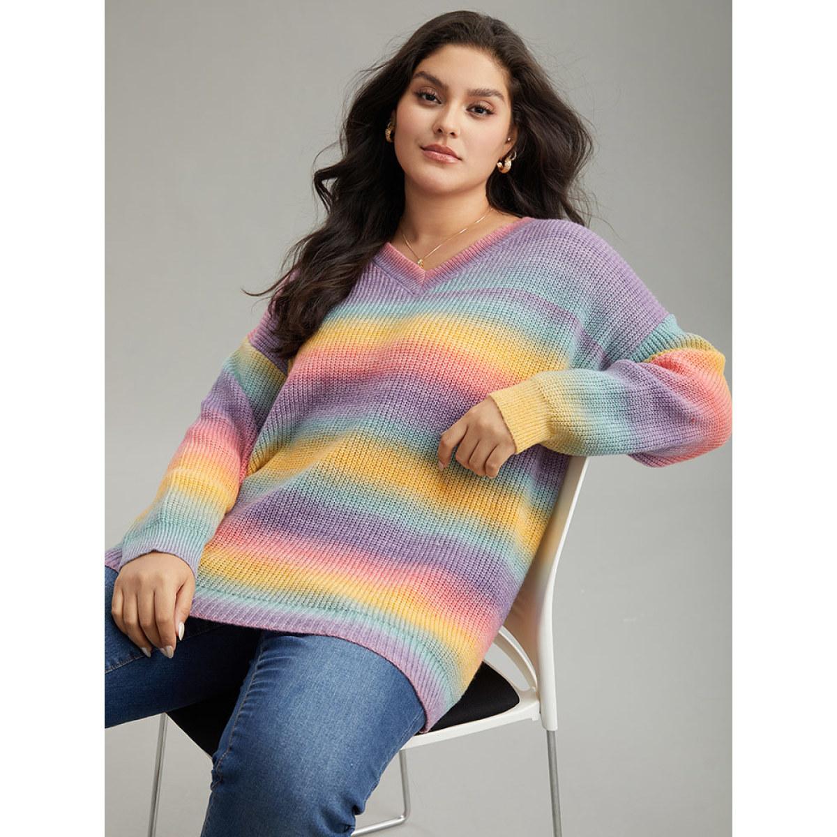 Plus Size Rainbow Ombre V Neck Loose Pullover Multicolor Women Casual Loose Long Sleeve V-neck Everyday Pullovers BloomChic 26/4X Product Image