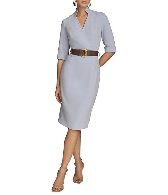 Donna Karan Cady Crepe V-Neck Short Sleeve Belted Sheath Dress Product Image